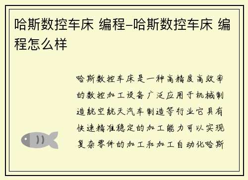 哈斯数控车床 编程-哈斯数控车床 编程怎么样