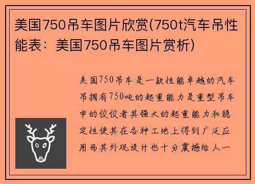 美国750吊车图片欣赏(750t汽车吊性能表：美国750吊车图片赏析)